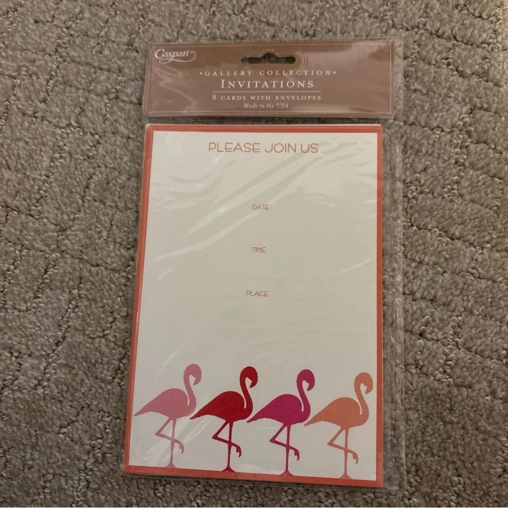 Caspari Gallery Collection Invitations 8 Cards With Envelopes Flamingo Strut